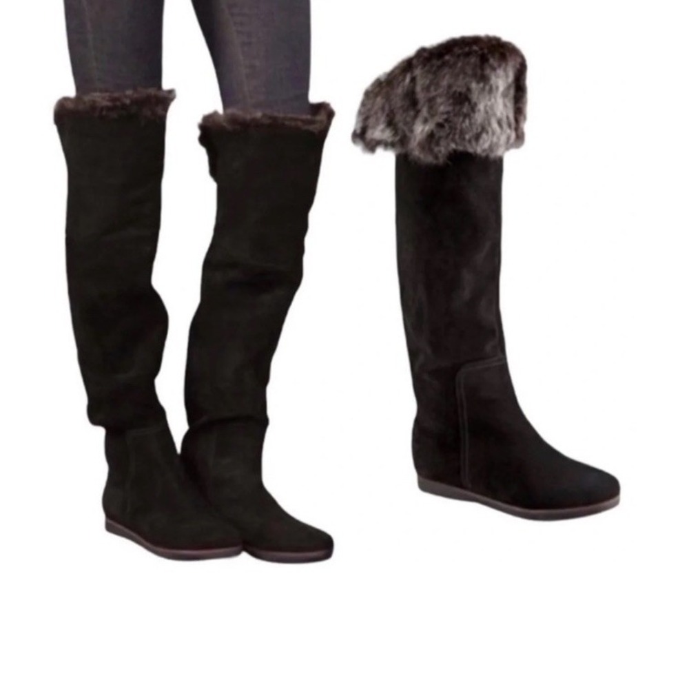 SAM EDELMAN 8M Black Orlando OTK Suede Faux Fur Cuff Tall Boots Riding Luxury